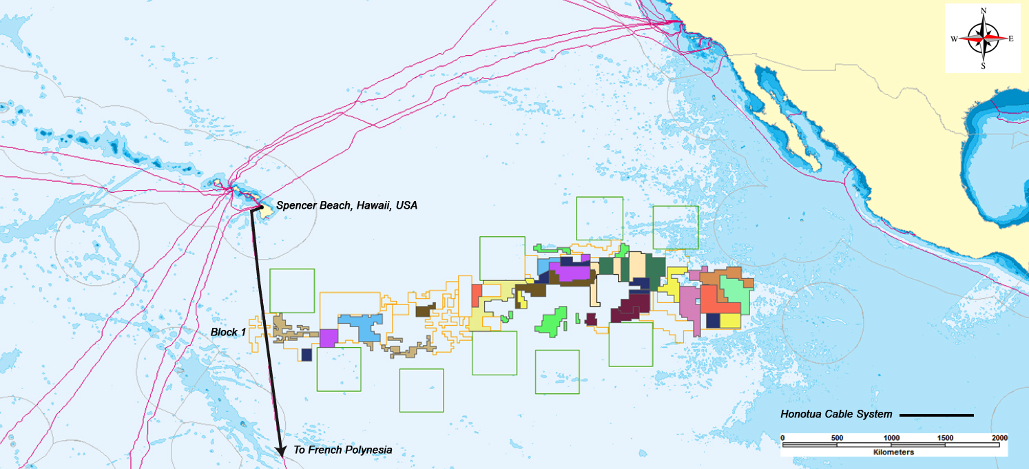 The Honotua Cable that crosses CCZ Block 1, based on ISA’s maps. Image courtesy Business Wire.